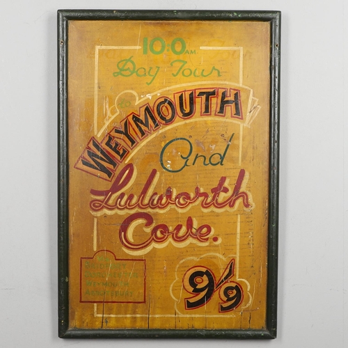 553 - VINTAGE PAINTED ADVERTISING SIGN - WEYMOUTH , BUDLEIGH & EXMOUTH TOUR SIGN. A double sided painted w... 