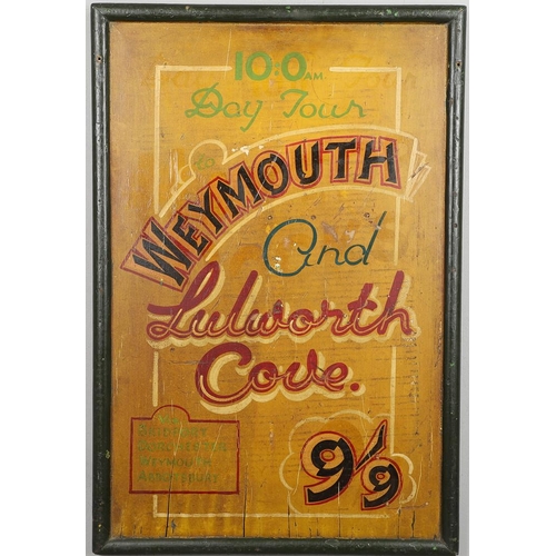 553 - VINTAGE PAINTED ADVERTISING SIGN - WEYMOUTH , BUDLEIGH & EXMOUTH TOUR SIGN. A double sided painted w... 