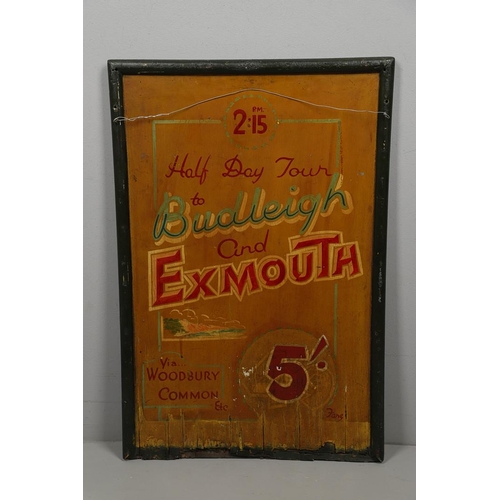 553 - VINTAGE PAINTED ADVERTISING SIGN - WEYMOUTH , BUDLEIGH & EXMOUTH TOUR SIGN. A double sided painted w... 