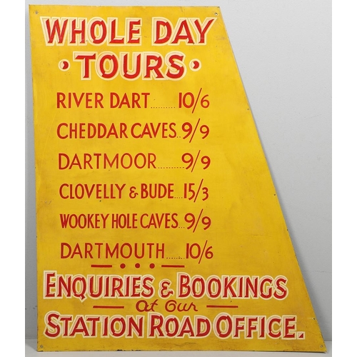 554 - VINTAGE METAL ADVERTISING SIGN - WHOLE DAY TOURS, SOMERSET, DEVON & CORNWALL. A painted metal sign, ... 