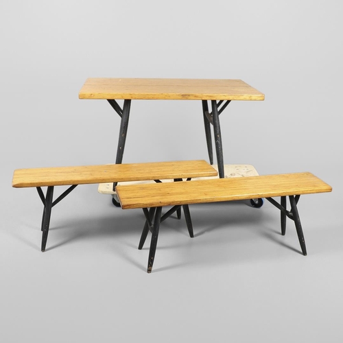 655 - ILMARI TAPIOVAARA (1914-1999) FOR LAUKAAN PUU - DINING TABLE & TWO BENCHES. A breakfast set comprisi... 