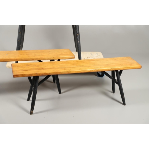 655 - ILMARI TAPIOVAARA (1914-1999) FOR LAUKAAN PUU - DINING TABLE & TWO BENCHES. A breakfast set comprisi... 