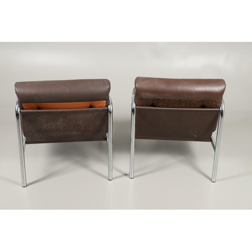 658 - PIEFF - PAIR OF DESIGNER LEATHER ARMCHAIRS DESIGNED BY TIM BATES. A pair of brown leather armchairs ... 