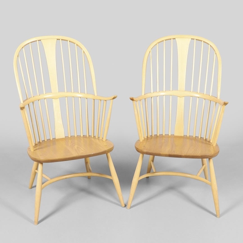 664 - PAIR OF ERCOL WINDSOR 'CHAIRMAKER' CHAIRS. A pair of light elm and beech windsor chairs with turned ... 