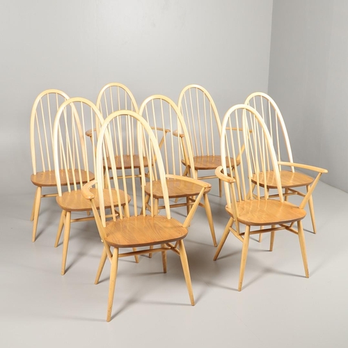 666 - SET OF ERCOL QUAKER DINING CHAIRS. A set of eight light elm and beech dining chairs, four with arms ... 