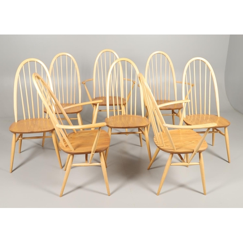 666 - SET OF ERCOL QUAKER DINING CHAIRS. A set of eight light elm and beech dining chairs, four with arms ... 