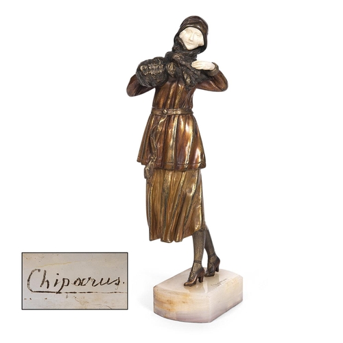 713 - DEMETRE CHIPARUS (ROMANIAN 1886-1947) - ART DECO BRONZE & IVORY FIGURE 'WINTER'. A large ivory and p... 