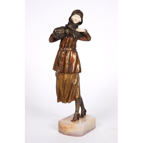 713 - DEMETRE CHIPARUS (ROMANIAN 1886-1947) - ART DECO BRONZE & IVORY FIGURE 'WINTER'. A large ivory and p... 