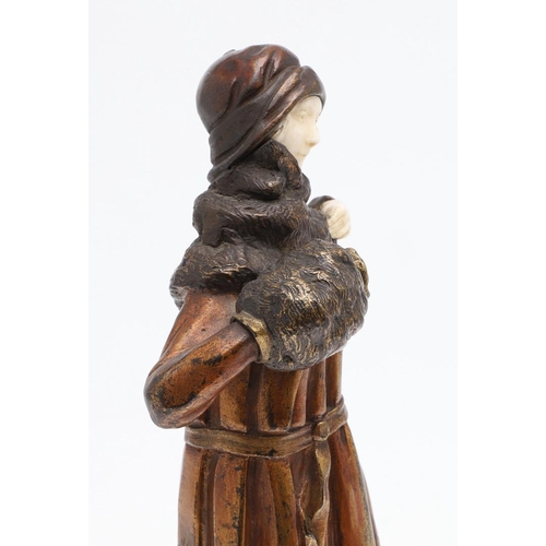 713 - DEMETRE CHIPARUS (ROMANIAN 1886-1947) - ART DECO BRONZE & IVORY FIGURE 'WINTER'. A large ivory and p... 