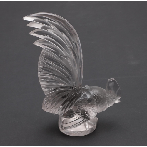 715 - LALIQUE CAR MASCOT 'COQ NAIN'. A frosted and clear glass car mascot in the form of a Cockerel, on a ... 