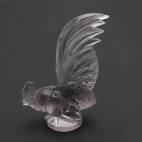 715 - LALIQUE CAR MASCOT 'COQ NAIN'. A frosted and clear glass car mascot in the form of a Cockerel, on a ... 