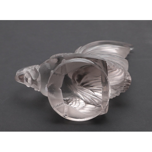 715 - LALIQUE CAR MASCOT 'COQ NAIN'. A frosted and clear glass car mascot in the form of a Cockerel, on a ... 