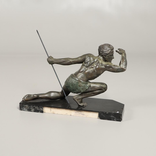 716 - JEAN DE RONCOURT - FRENCH ART DECO SPELTER FIGURE. A patinated spelter figure of a hunter holding a ... 