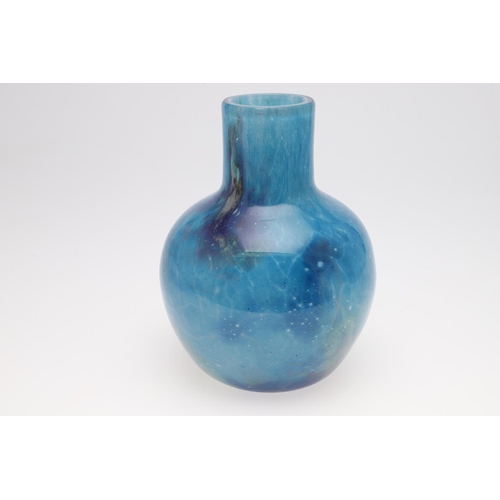 723 - SCOTTISH ART GLASS VASE. Possibly by Monart, with a vertical neck and bulbous body, the glass of tur... 