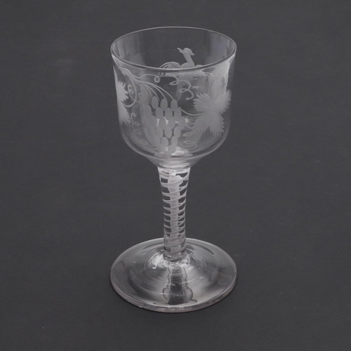 738 - ANTIQUE ENGRAVED WINE GLASS - COTTON TWIST. Probably 18thc, the wine glass with a large ogee shaped ... 