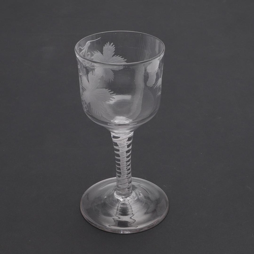 738 - ANTIQUE ENGRAVED WINE GLASS - COTTON TWIST. Probably 18thc, the wine glass with a large ogee shaped ... 