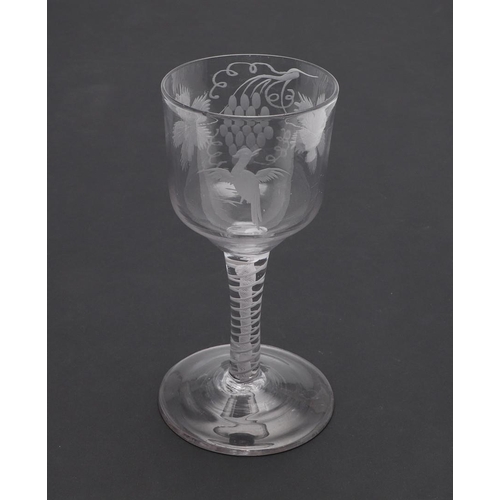 738 - ANTIQUE ENGRAVED WINE GLASS - COTTON TWIST. Probably 18thc, the wine glass with a large ogee shaped ... 