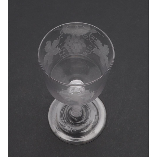 738 - ANTIQUE ENGRAVED WINE GLASS - COTTON TWIST. Probably 18thc, the wine glass with a large ogee shaped ... 