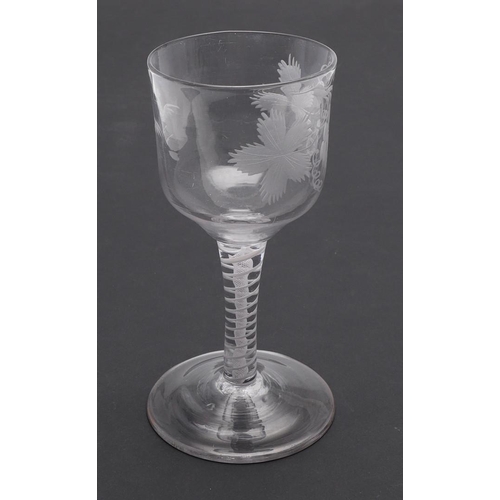 738 - ANTIQUE ENGRAVED WINE GLASS - COTTON TWIST. Probably 18thc, the wine glass with a large ogee shaped ... 