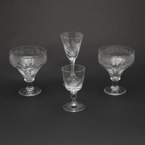 739 - PAIR OF UNUSUALLY LARGE 19THC GLASS RUMMERS, WINE GLASS BY ROBERT ELLISON & ANOTHER WINE GLASS. A pa... 