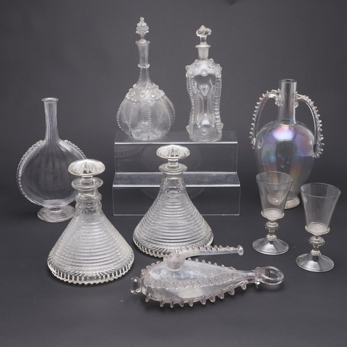 740 - PAIR OF 19THC GLASS SHIPS DECANTERS & OTHER ANTIQUE GLASS ITEMS. A pair of conical shaped decanters ... 