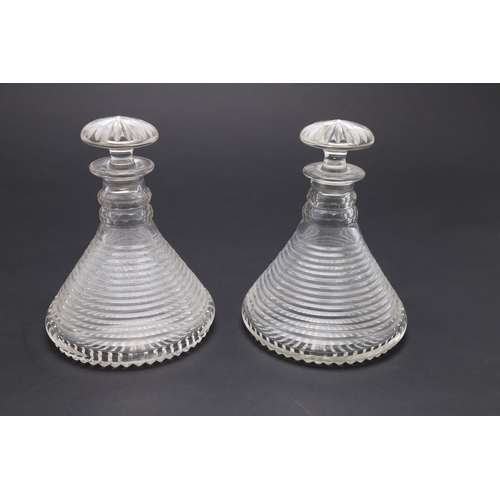 740 - PAIR OF 19THC GLASS SHIPS DECANTERS & OTHER ANTIQUE GLASS ITEMS. A pair of conical shaped decanters ... 