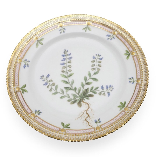 749 - ROYAL COPENHAGEN - FLORA DANICA CABINET PLATE. Titled 'Polygala amara', the centre painted with flow... 