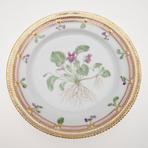 756 - ROYAL COPENHAGEN - FLORA DANICA CABINET PLATE. Titled 'Viola odorala', the centre painted with flowe... 