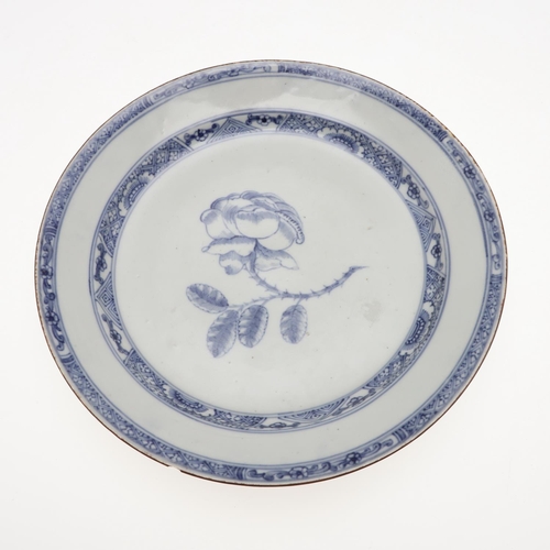 793 - 18THC CHINESE BLUE & WHITE DISH. An 18thc dish or bowl of shallow form, painted with a central flowe... 