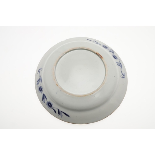 793 - 18THC CHINESE BLUE & WHITE DISH. An 18thc dish or bowl of shallow form, painted with a central flowe... 