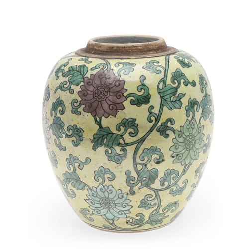 811 - CHINESE KANGXI LOTUS GINGER JAR - YELLOW GROUND. Kangxi period (1662-1722), a yellow ground enamel o... 