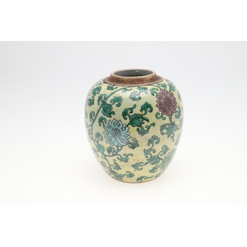 811 - CHINESE KANGXI LOTUS GINGER JAR - YELLOW GROUND. Kangxi period (1662-1722), a yellow ground enamel o... 