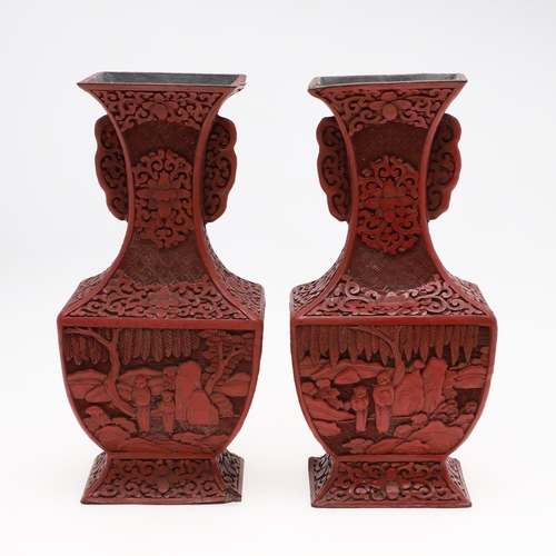 813 - PAIR OF CHINESE CINNEBAR LACQUER VASES. Probably late 19thc/early 20thc, each side decorated with fi... 