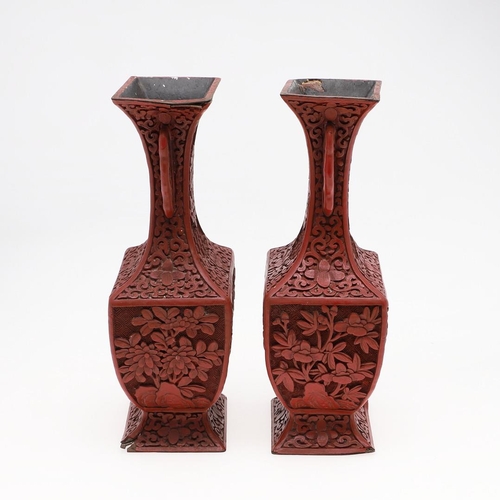 813 - PAIR OF CHINESE CINNEBAR LACQUER VASES. Probably late 19thc/early 20thc, each side decorated with fi... 