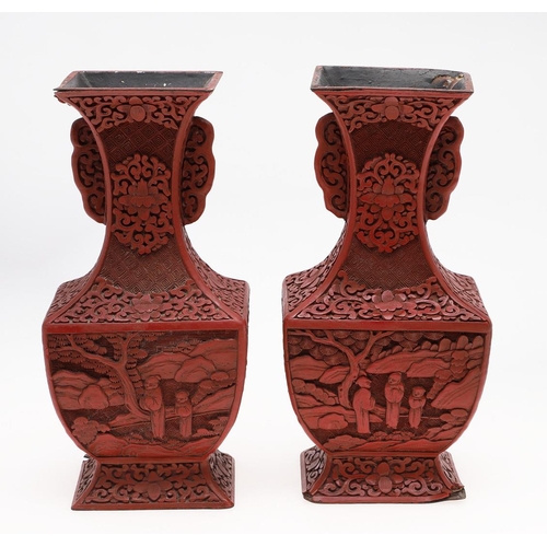 813 - PAIR OF CHINESE CINNEBAR LACQUER VASES. Probably late 19thc/early 20thc, each side decorated with fi... 