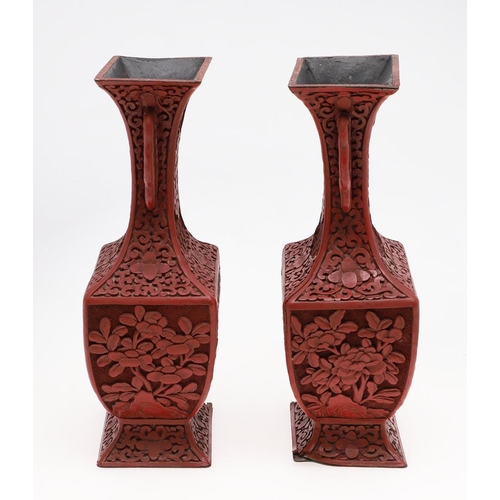 813 - PAIR OF CHINESE CINNEBAR LACQUER VASES. Probably late 19thc/early 20thc, each side decorated with fi... 