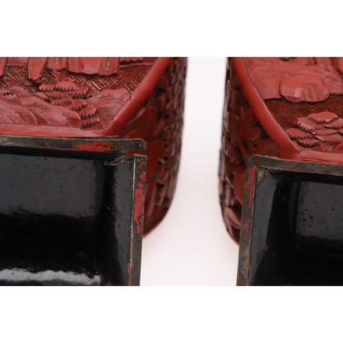 813 - PAIR OF CHINESE CINNEBAR LACQUER VASES. Probably late 19thc/early 20thc, each side decorated with fi... 