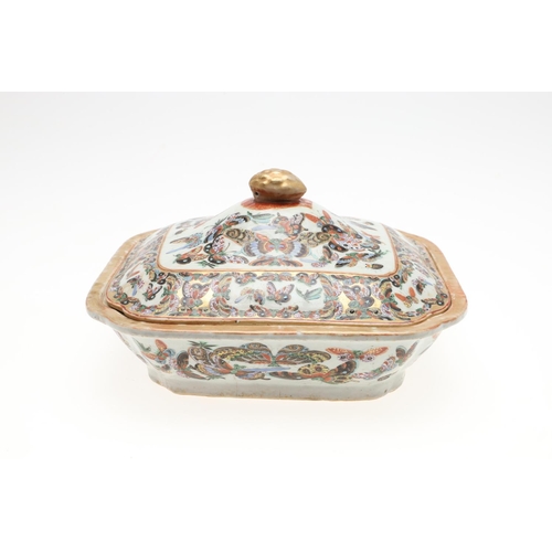 820 - CHINESE LIDDED TUREEN & DISH - BUTTERFLIES & INSECTS. Probably 19thc, the lidded tureen profusely pa... 