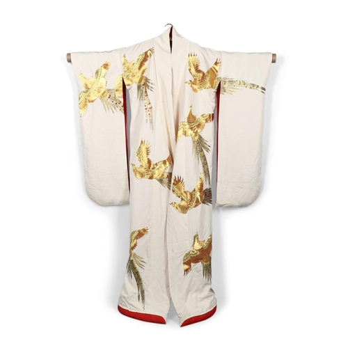 821 - JAPANESE CREAM SILK EMBROIDERED KIMONO, & ANOTHER SILK EMBROIDERED KIMONO. A 20thc large cream silk ... 