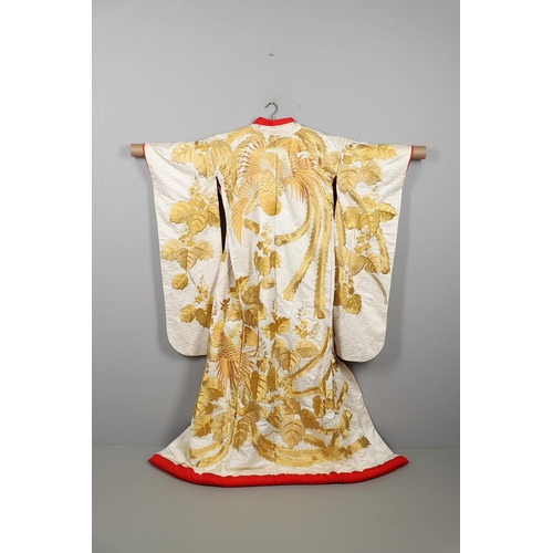 821 - JAPANESE CREAM SILK EMBROIDERED KIMONO, & ANOTHER SILK EMBROIDERED KIMONO. A 20thc large cream silk ... 