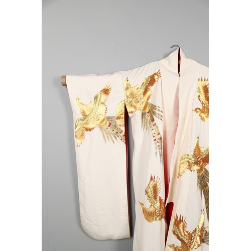 821 - JAPANESE CREAM SILK EMBROIDERED KIMONO, & ANOTHER SILK EMBROIDERED KIMONO. A 20thc large cream silk ... 