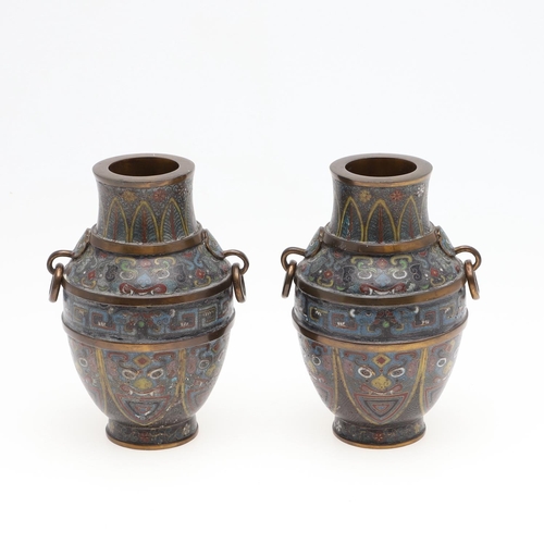 822 - PAIR OF CHINESE CLOISONNE VASES. 20thc, the vases with rounded bodies and horizontal bronze bands, w... 