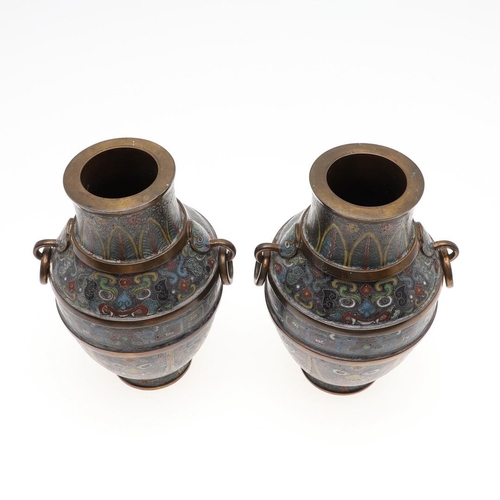 822 - PAIR OF CHINESE CLOISONNE VASES. 20thc, the vases with rounded bodies and horizontal bronze bands, w... 