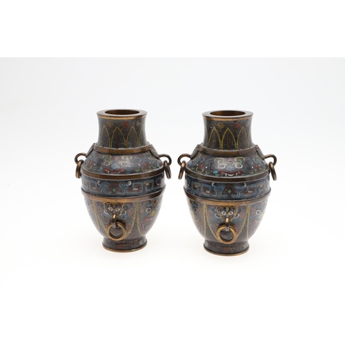 822 - PAIR OF CHINESE CLOISONNE VASES. 20thc, the vases with rounded bodies and horizontal bronze bands, w... 