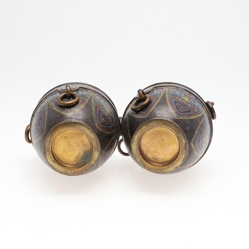 822 - PAIR OF CHINESE CLOISONNE VASES. 20thc, the vases with rounded bodies and horizontal bronze bands, w... 