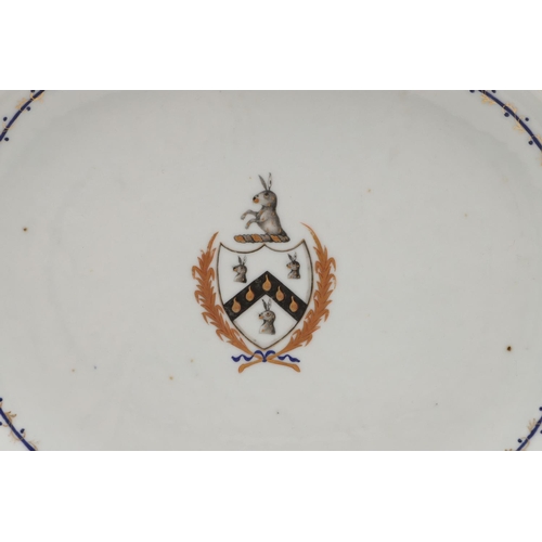 825 - CHINESE ARMORIAL DISH - HARE'S. Circa 1800, the oval dish with a reticulated rim and gilded foliate ... 