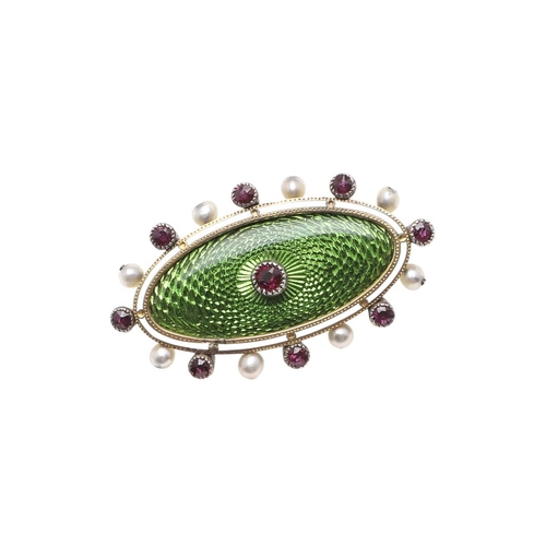 1010 - AN ENAMEL, RUBY AND PEARL BROOCH BY CHILD & CHILD. the lozenge-shaped brooch is mounted with lime gr... 