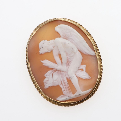 1014 - A CARVED SHELL CAMEO BROOCH. of oval-shape depicting an angel, in a  9ct gold mount, 5 x 4cm., 16.4 ... 