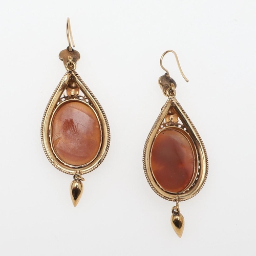 1021 - A PAIR OF VICTORIAN SHELL CAMEO EARRINGS. the cameos depicting classical female profiles in gold mou... 