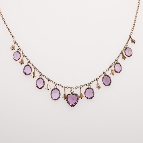 1026 - AN AMETHYST, PEARL AND GOLD DROP NECKLACE. centred with a heart-shaped amethyst drop and alternately... 